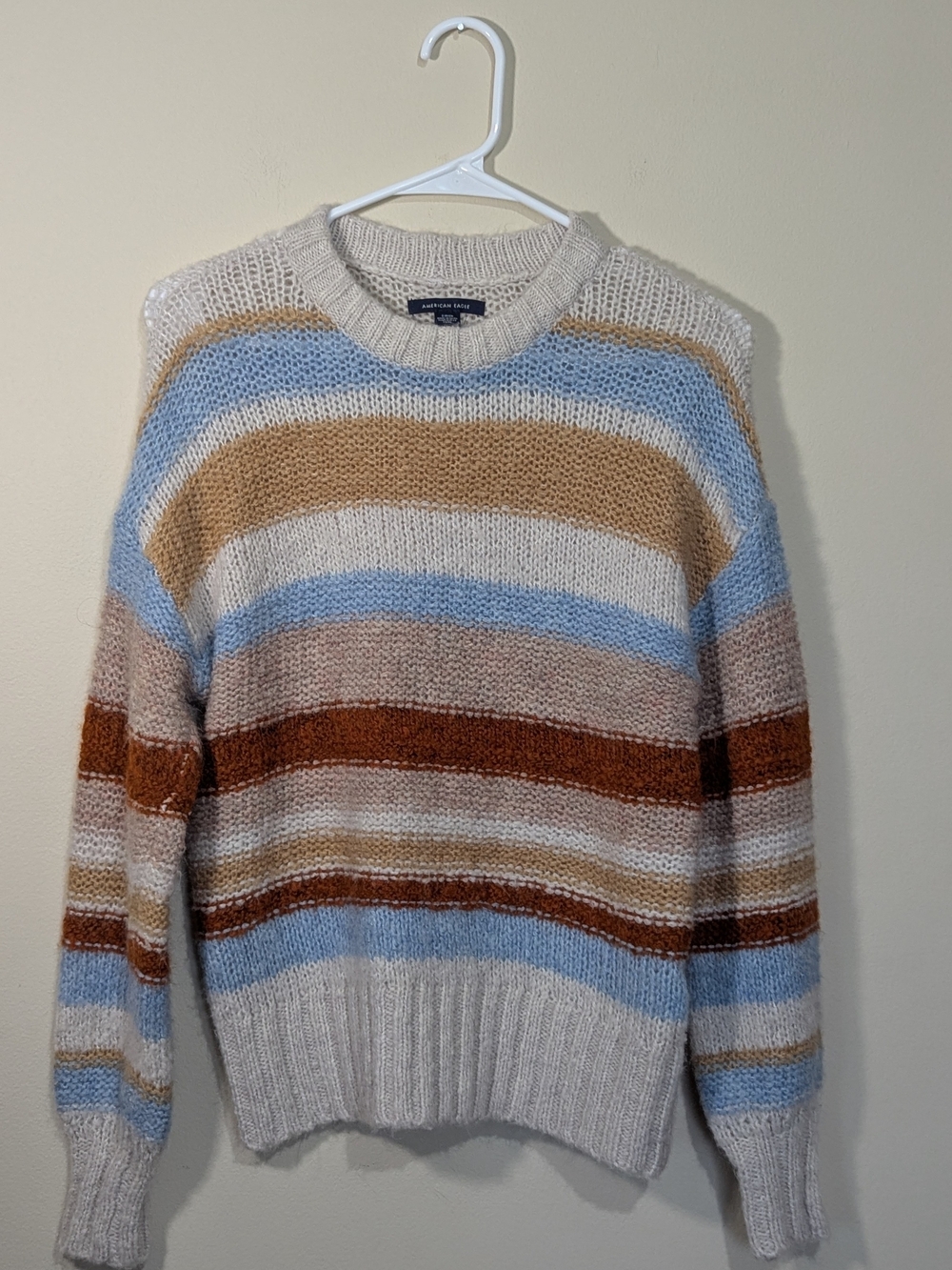 American Eagle Sweater Womens Small Striped Knit Crewneck Blue Brown Cozy Pullov